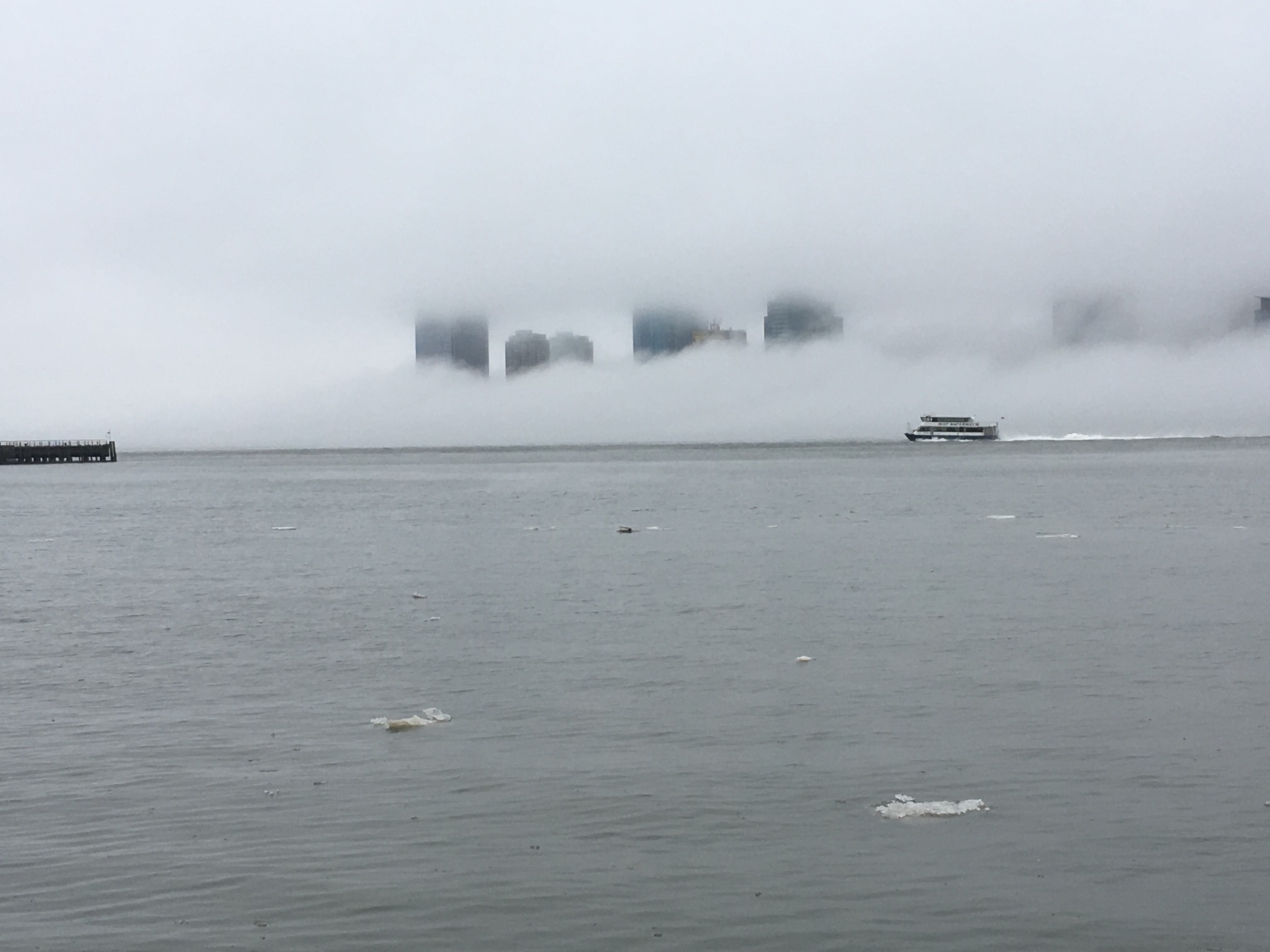A picture of water where the fog is so low to the ground that you can't see the bottoms of buildings on the other side. The tops of the buildings are also obscured, so there's basically an inbetween layer of skyline that you can see. There's a ferry on the water in front of the buildings